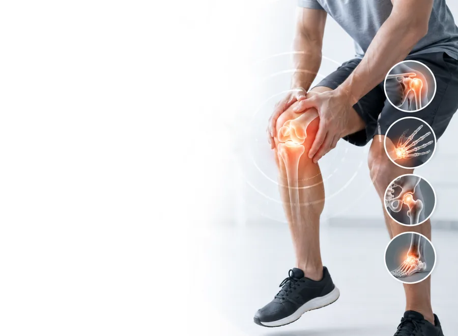 Man holding a painful knee, with shoulder, hand, hip and foot joints highlighted alongside